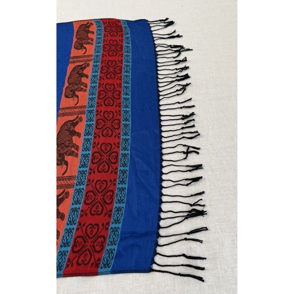 Cashmere & Silk Scarf Jerusalem Elephant Border Blue Red Hobo Wrap 28X68